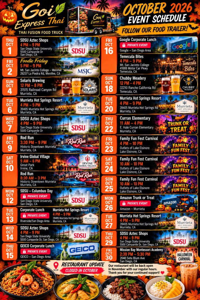 Goi Express Thai October 2026 food truck schedule